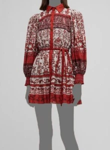 $495 Alice + Olivia Womens Red Tiffie Belted Long-Sleeve Mini Shirt Dress Size 4 - Picture 1 of 4