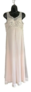 Vtg Pink SHADOWLINE Chiffon Overlay Nightgown Ivory Lace Sweep Long Gown Sz M - Picture 1 of 19