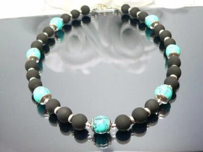 Halskette Kette Perlen Glas marmoriert türkis Perle schwarz matt  silber  448h - Bild 1 von 4