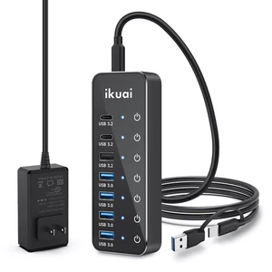 Zasilany koncentrator USB, ikuai 7-portowy hub USB 3.2 / USB C, z 3 portami danych 10Gbps (... - Zdjęcie 1 z 7