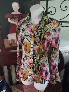 BLUSA MILANO PLIEGUES ELÁSTICOS MUJER TALLA M COLORIDA FLORAL BOTÓN CAMISA DELANTERA - Imagen 1 de 5