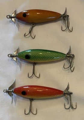 3 Vintage Wooden Prop Fishing Lures / 4” Double Hooks - Image 1 of 3