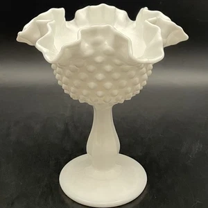 Fenton Milk Glass Hobnail Ruffled Pedestal Compote/Candy Dish 1957-1971 USA 6"t - Picture 1 of 13