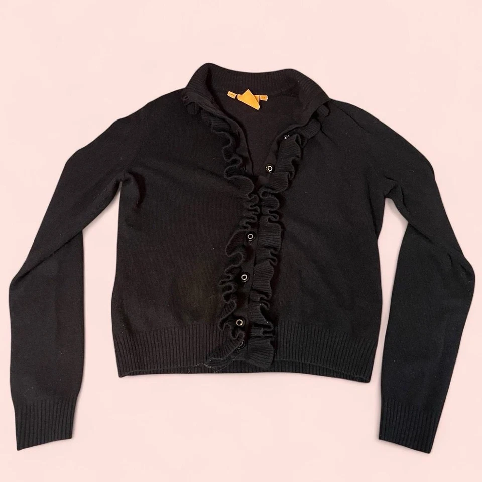 Cárdigan Suéter Tory Burch Lana Cachemira Negro Volantes Ligero Botón XS Foto 1 de 4