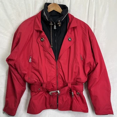Abrigo de esquí Bogner vintage años 80 90 para mujer 12 rojo negro con cinturón invierno chaqueta para nieve Foto 1 de 4