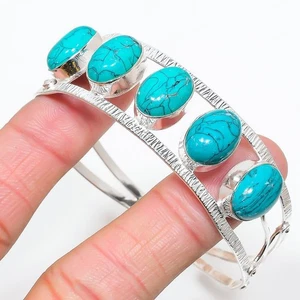 Green Turquoise Gemstone Handmade 925 Sterling silver Cuff Bracelet Adjustable - Picture 1 of 1