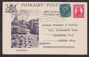South Africa H&G 25 used 1947 1p Postal Card uprated, E. LONDON to LONDON, VF - Picture 1 of 1