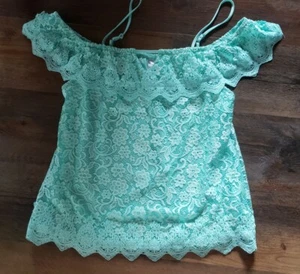Women's No Boundaries aqua green off shoulder aqua green lace top size 11-13 Lg - Picture 1 of 5