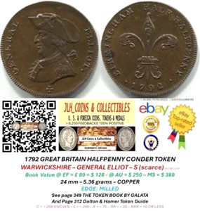 1792 GB Conder Halfpenny - WARWICKSHIRE - GENERAL ELLIOT - D & H 479 - CT 809 - Picture 1 of 13