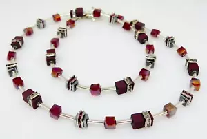 Halskette Würfel Hämatit Quadrat Kristallglas Strass dunkelrot weinrot 519b - Bild 1 von 11