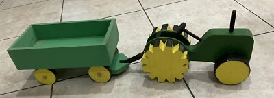 John Deere handmade wooden Tractor and Wagon Toy 30" length - Image 1 of 4
