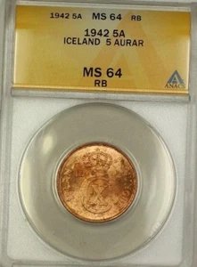 1942 Iceland 5A Five Aurar Copper ANACS MS-64 RB Red-Brown (Better Coin) (D) - Picture 1 of 2