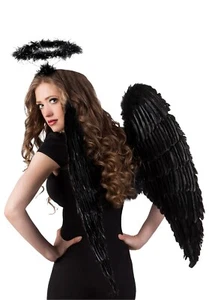 Adult Dark Fallen Angel Feather Wings & Halo Fancy Dress Halloween Costume - Picture 1 of 5