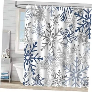 Christmas Winter Snowflake Shower Curtain Silver Grey Blue Snowflake Xmas - Picture 1 of 6