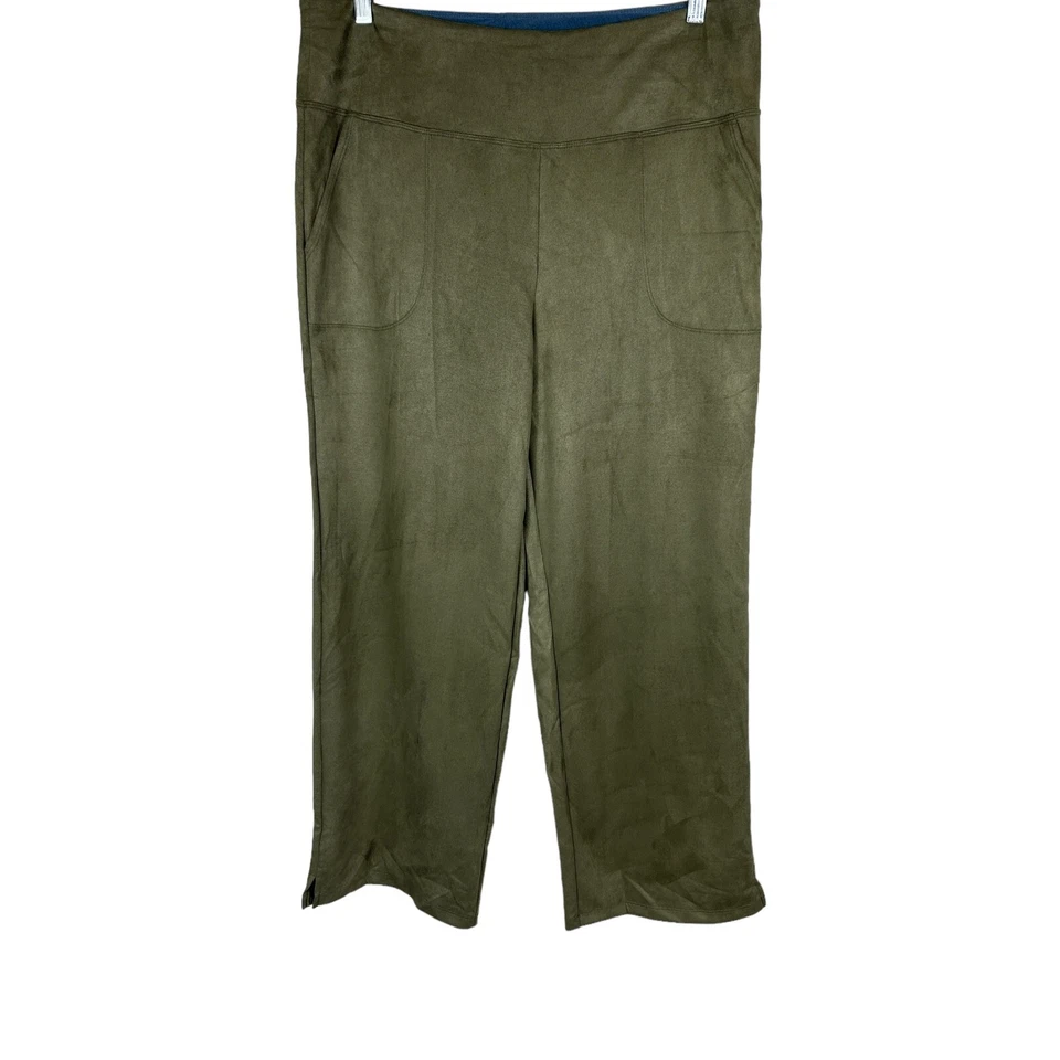 Mujeres con Control Regular Imitación Gamuza Pierna Ancha Abertura Lateral Pantalones Verde Talla Grande Foto 1 de 2