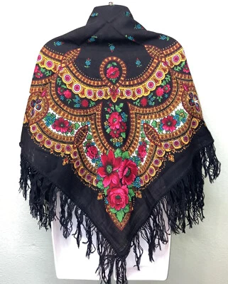 Pavlov Pocad Black Wool Shawl 36” x 36” w Fringe NO - Image 1 of 4