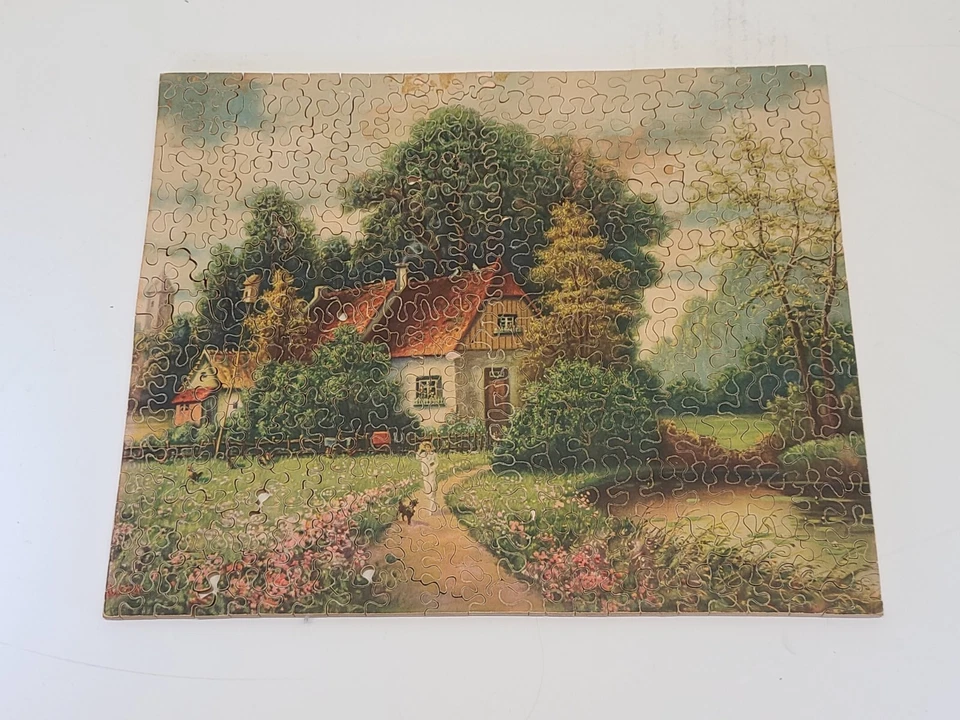 Vintage Antique Wood Wooden Jigsaw Puzzle Cottage Dog Garden Woods Landscape Art - Image 1 of 4