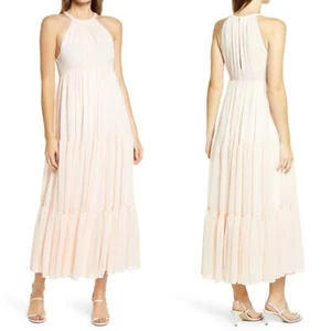 NEW CHELSEA28 Pink Creole TIERED Chiffon ROMANTIC Prairie MAXI DRESS XS - Picture 1 of 9