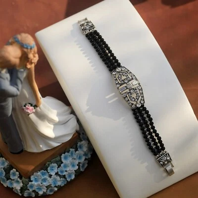 Armband Silber Kunst Deko Strass Rechteck Viele Reihen Perle Achat Schwarz QD30 - Bild 1 von 4