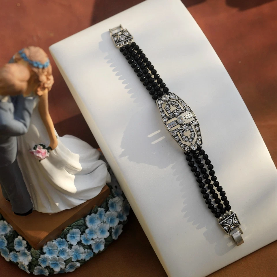 Armband Silber Kunst Deko Strass Rechteck Viele Reihen Perle Achat Schwarz QD30 - Bild 1 von 4