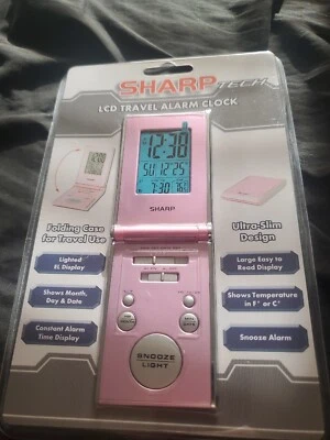 Sharp Tech LCD Travel Alarm Clock Ultra-Slim Design Folding Case SPC430I Pink - Image 1 of 2
