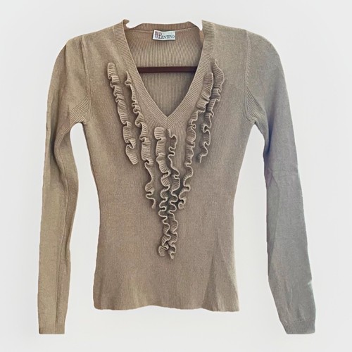 Maglione donna ROSSO VALENTINO scollo a V volant lana merino blush marrone lusso femminile