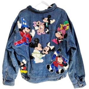 Mickey Mouse & Minnie Mouse Hand Painted Sequin Vtg Denim Trucker Jacket Size XL - Picture 1 of 14