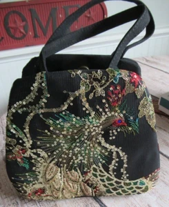 Black Peacock Handbag Sequins and Embroidered - Picture 1 of 5