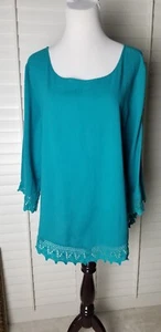 Soft Surroundings Tunic Top XL Teal Blue Scoop 3/4 Sleeve Embroidered 100% Cotto - Picture 1 of 12