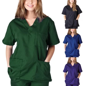 Women Nurse Nursing Uniform Short Sleeve T-shirt Unisex V-Neck Scrub Blouse Top - Picture 1 of 14