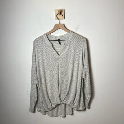 Alya Womens V-Neck Gathered Waist High Low Gray Stripe Shirt size L - Image 1 of 4