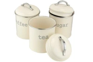 Vintage Cream Enamel Round Set of 3 Tea Coffee Sugar Storage Canister Tin Box - Picture 1 of 1
