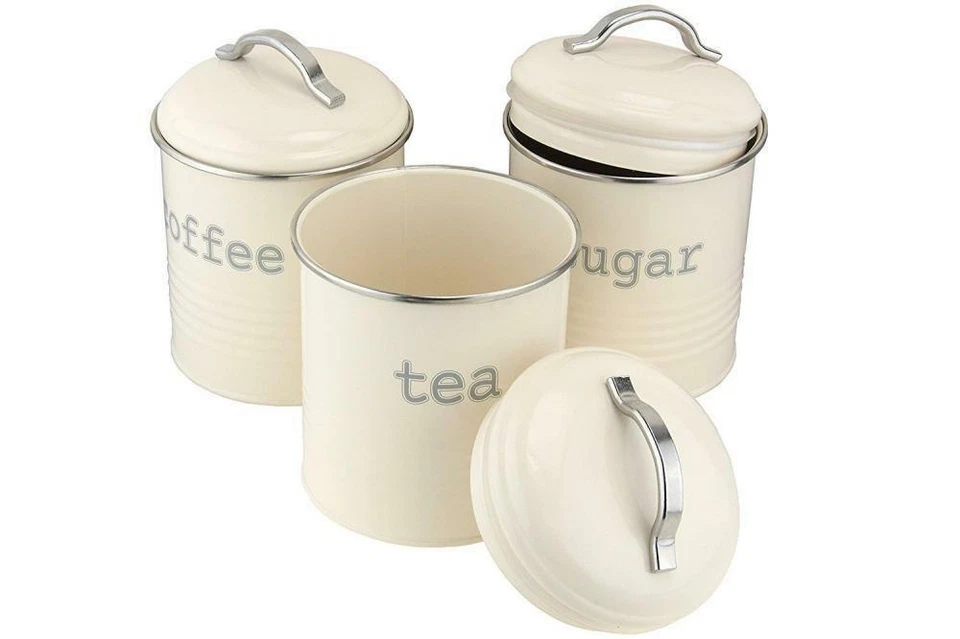 Vintage Cream Enamel Round Set of 3 Tea Coffee Sugar Storage Canister Tin Box - Image 1 of 1