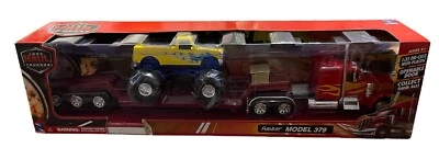 NEW RAY SS-11263 A PETERBILT MODEL 379 LOWBOY with MONSTER TRUCK 1/32 RED - Image 1 of 2