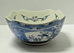 Vintage chinesische Chinoiserie blau & weiß rosa Porzellan quadratisch gerafft Schüssel ~ 9" sq. - Bild 1 von 20