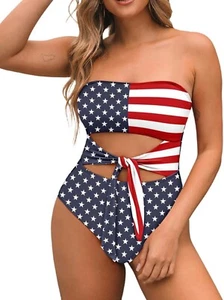 New Pink Queen Patriotic Bandeau 1 Pc Swimsuit Cutout Tie High Waist Simsuit XL - Picture 1 of 8