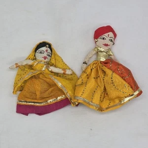 Handmade Indian Couple India Folk Art Fabric Dolls 3.5" Hand Crafted Red Yellow - Picture 1 of 7