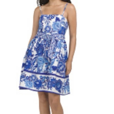 Vestido de sol Cynthia Rowley azul blanco algodón con bolsillos floral para mujer talla 10” Foto 1 de 4