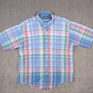 VTG Lands' End Seersucker Shirt Mens L 16-16.5 Pastel Madras Plaid Preppy USA - Picture 1 of 9