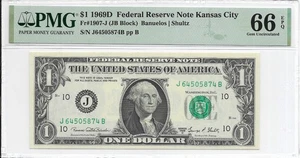 1969D $1 KANSAS CITY FRN. PMG GEM Uncirculated 66 EPQ Banknote. - Picture 1 of 2