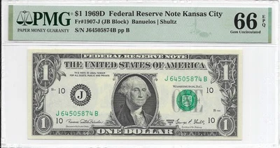 1969D $1 KANSAS CITY FRN. PMG GEM Uncirculated 66 EPQ Banknote. - Image 1 of 2