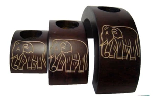 New Elephant Wooden Candle Holder Elephant Set of 3 - Cherry Finish - Elephants - Picture 1 of 4