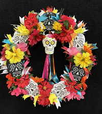 NEW  Halloween Wreath   DAY OF THE DEAD   Large 18"   Handmade  Colorful  Skulls