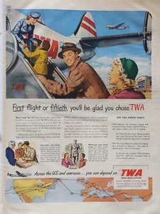 1950 vintage TWA print ad. First flight or 50th, you'll be glad to choose TWA - Picture 1 of 1