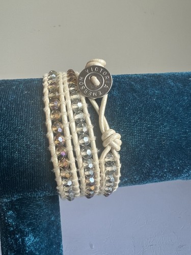 OFF WHITE Bracciale Victoria Emerson Multi AB CRYSTAL Wrap Bianco Panna Pelle 22” C5