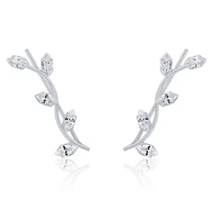 925 Sterling Silver Clear CZ Cubic Zirconia Olive Leaf Ear Climber Nature - Picture 1 of 2