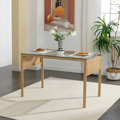 Mesa de comedor 47" de vidrio templado con patas de ratán, metal Foto 1 de 4