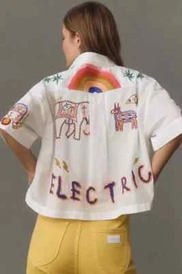 Mother Roomie Crop Shirt Embroidered Buttondown Anthropologie Electric Sz L NEW - Picture 1 of 4