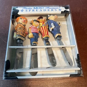 Parlex MOO Francais? Knife Spreaders Stainless Steel Set Of 4 Vtg Cows Dressed - Picture 1 of 4