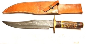 Colt handmade Damascus bone handle bowie knife with leather case, 10” Blade - Picture 1 of 3